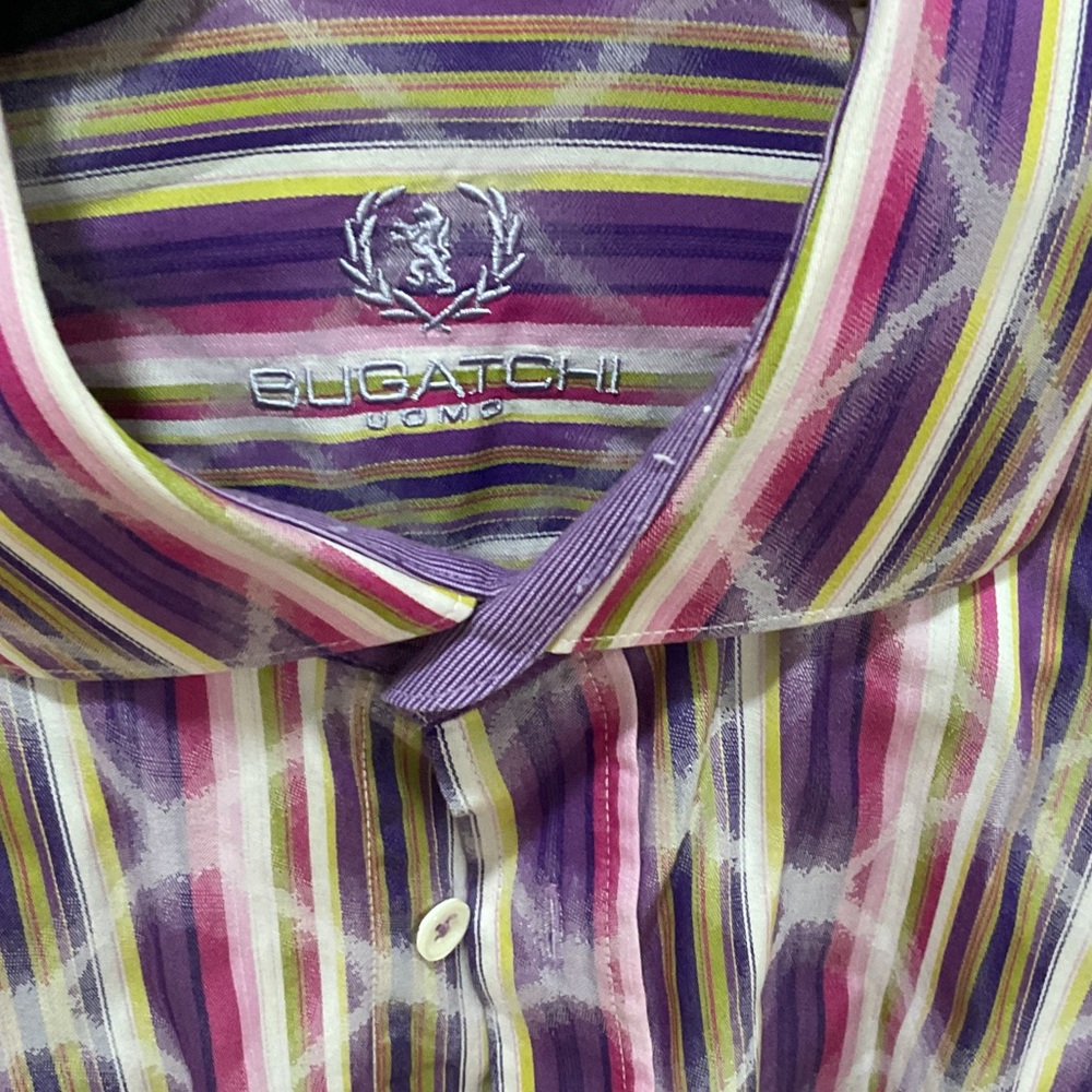 Bugatchi Men's Shirt with Purple, Pink, and Yellow Stripes